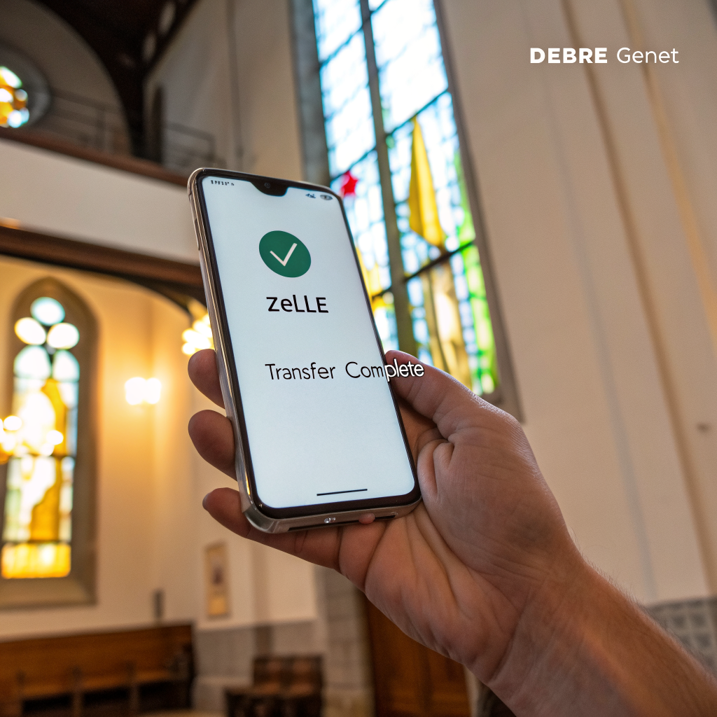 A smartphone screen showing a successful Zelle transfer confirmation, with the Debre Genet church logo and a subtle background of church stained‑glass windows.