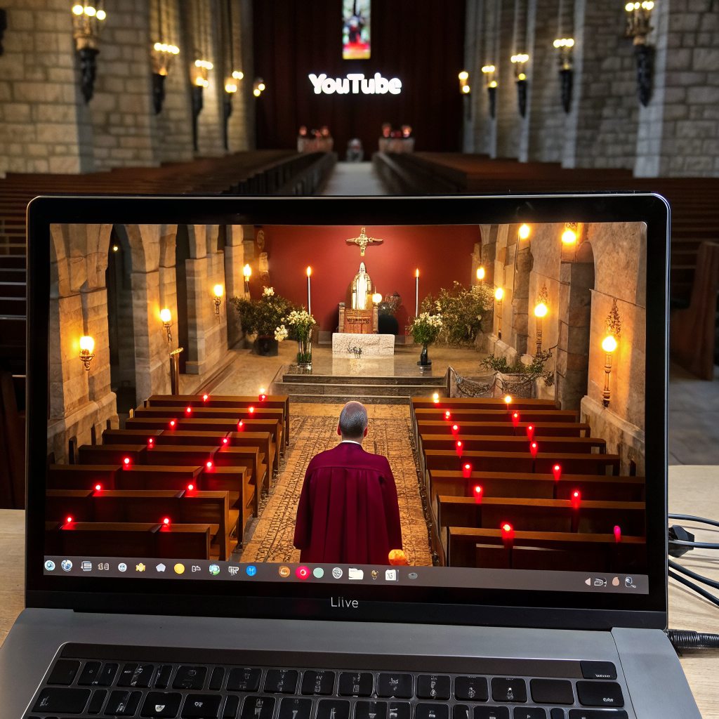 A screenshot of the church’s YouTube live stream page showing the liturgical service, with a candlelight vignette and subtitles in English and Amharic.