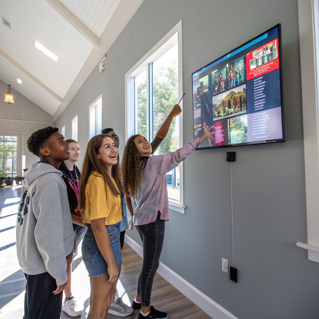 A group of enthusiastic teenagers gathered around a table inside the church fellowship hall, with a banner that says ‘Youth Committee’ and colorful decorations.