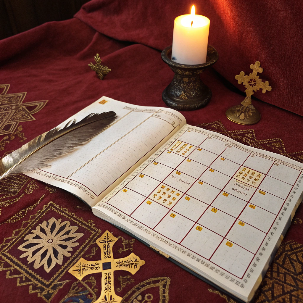 A beautifully illustrated Ethiopian Orthodox calendar page showing the months, icons of major feasts, and a candlelit church interior.