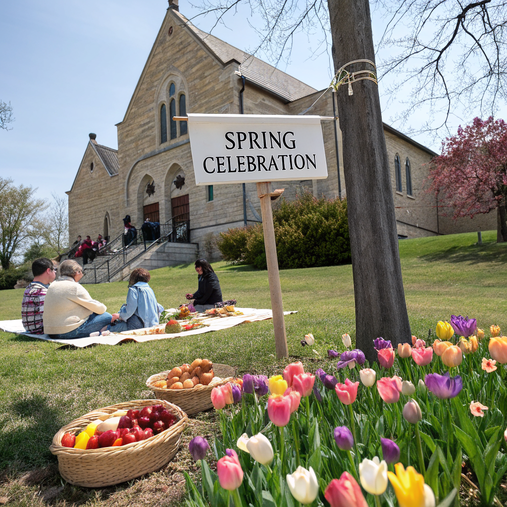 A bright spring scene outside Debre Genet Church with blooming tulips, families gathering for a picnic, and a banner that reads ‘Spring Celebration’.